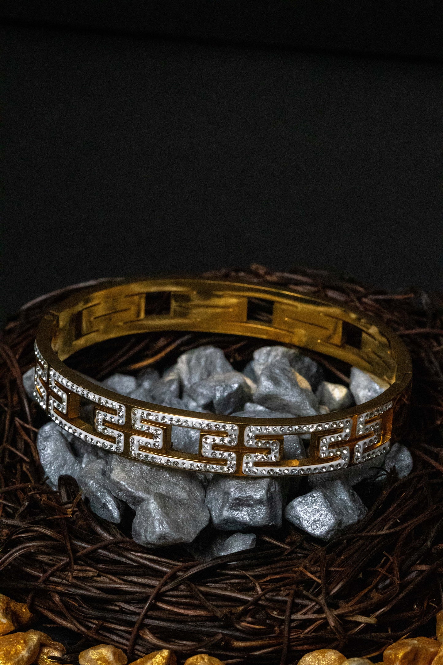 Greek Key Gold Crystal Bangle | Luxury-Inspired Women’s Bracelet