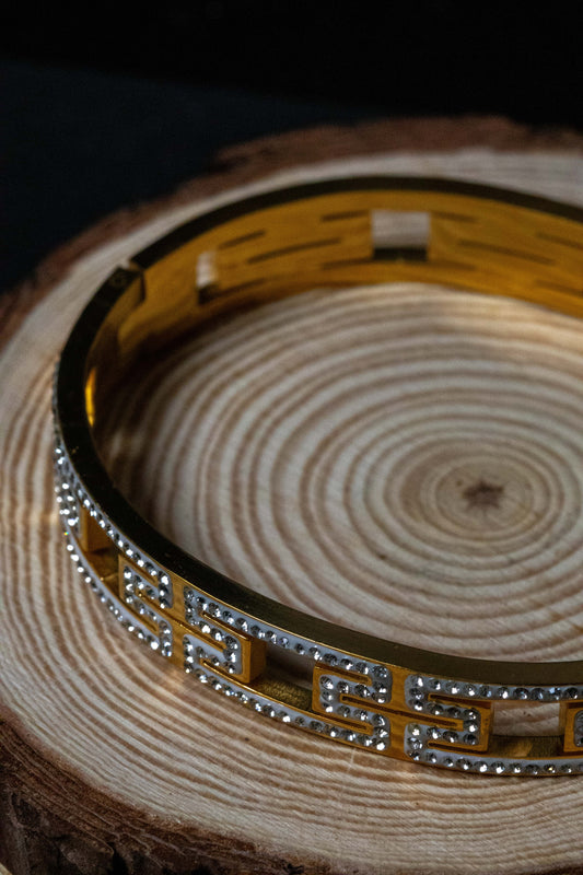 Greek Key Gold Crystal Bangle | Luxury-Inspired Women’s Bracelet