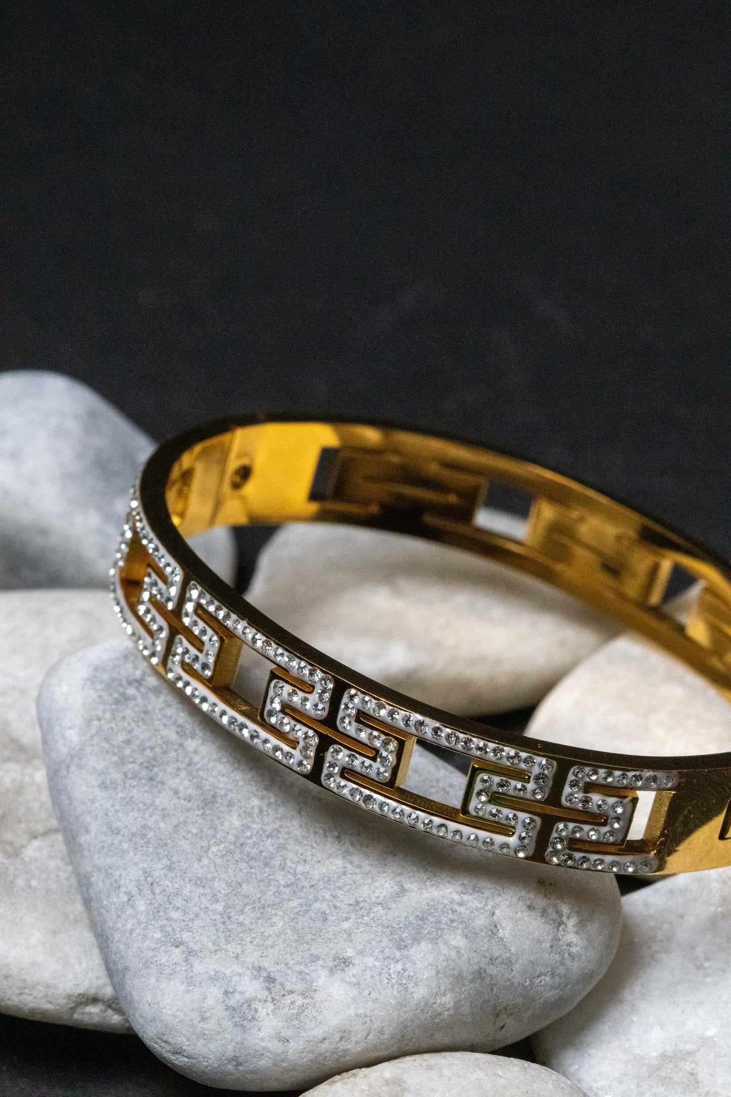 Greek Key Gold Crystal Bangle | Luxury-Inspired Women’s Bracelet