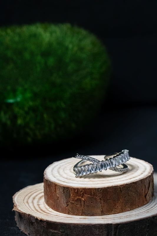 Silver Crystal Crossover Ring | Modern X Design