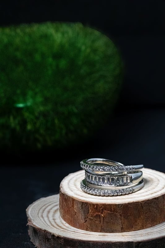 Silver Crystal Band Ring | Triple Layer Modern Design
