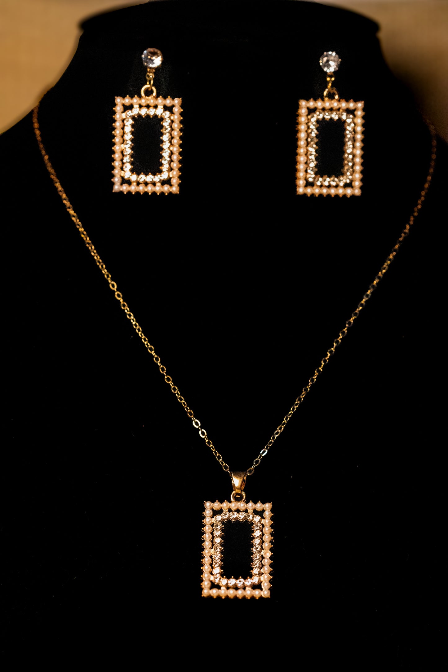 Rectangular Pearl & Crystal Necklace Set | Pendant & Earrings