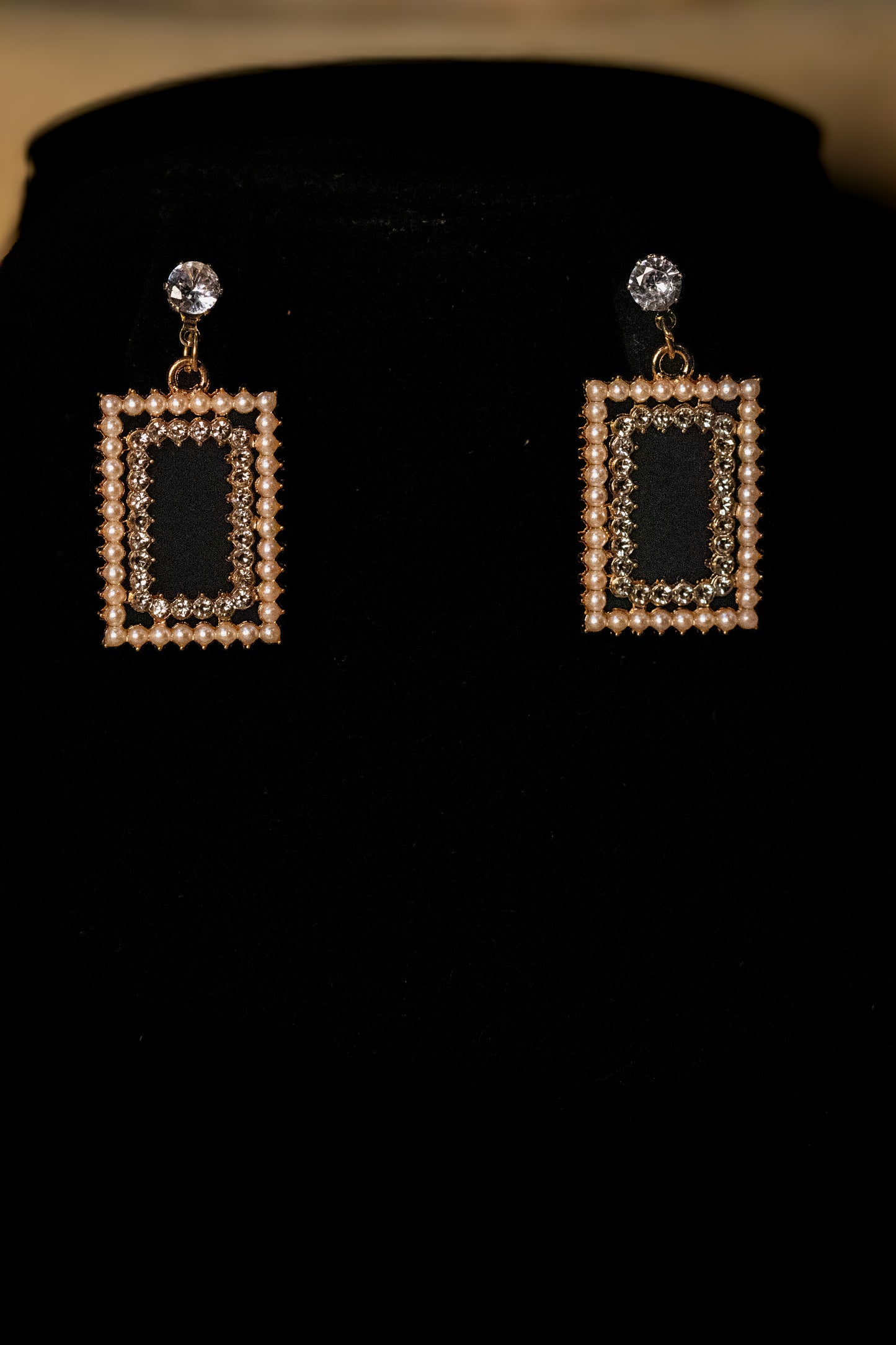 Rectangular Pearl & Crystal Necklace Set | Pendant & Earrings