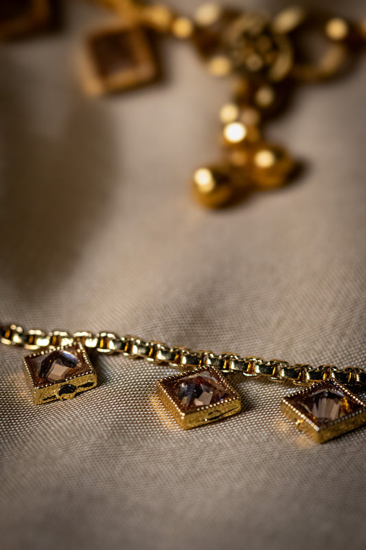 Golden Payal with Square Crystal Charms | Elegant Traditional Anklet