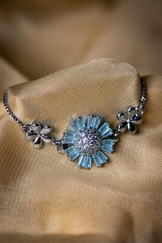 Floral Silver Bracelet with Aqua Blue Stones | Elegant Crystal-Studded Jewelry