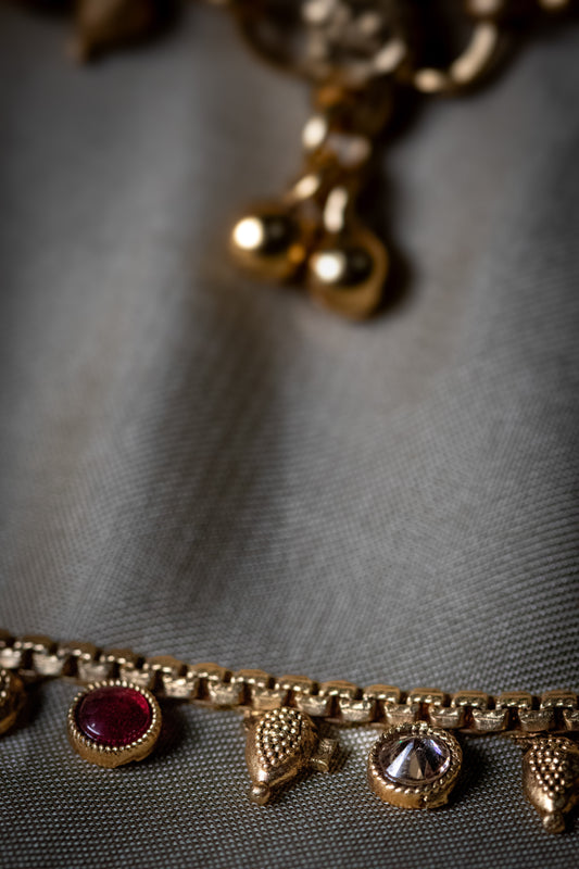 Golden Charm Payal | Traditional Red & White Stone Design with Ghungroo