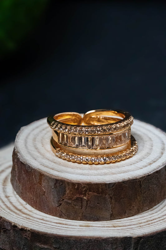 Gold Crystal Band Ring | Triple Layer Modern Design