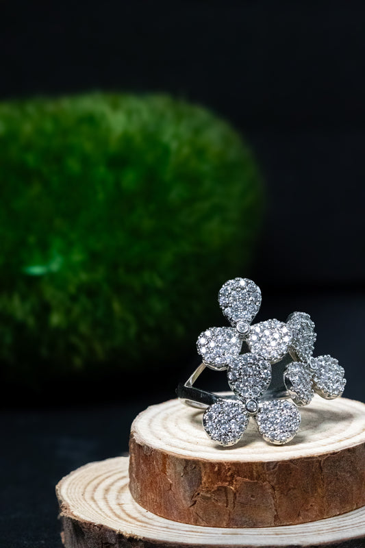 Floral Silver Crystal Ring | Elegant Bloom Statement Design