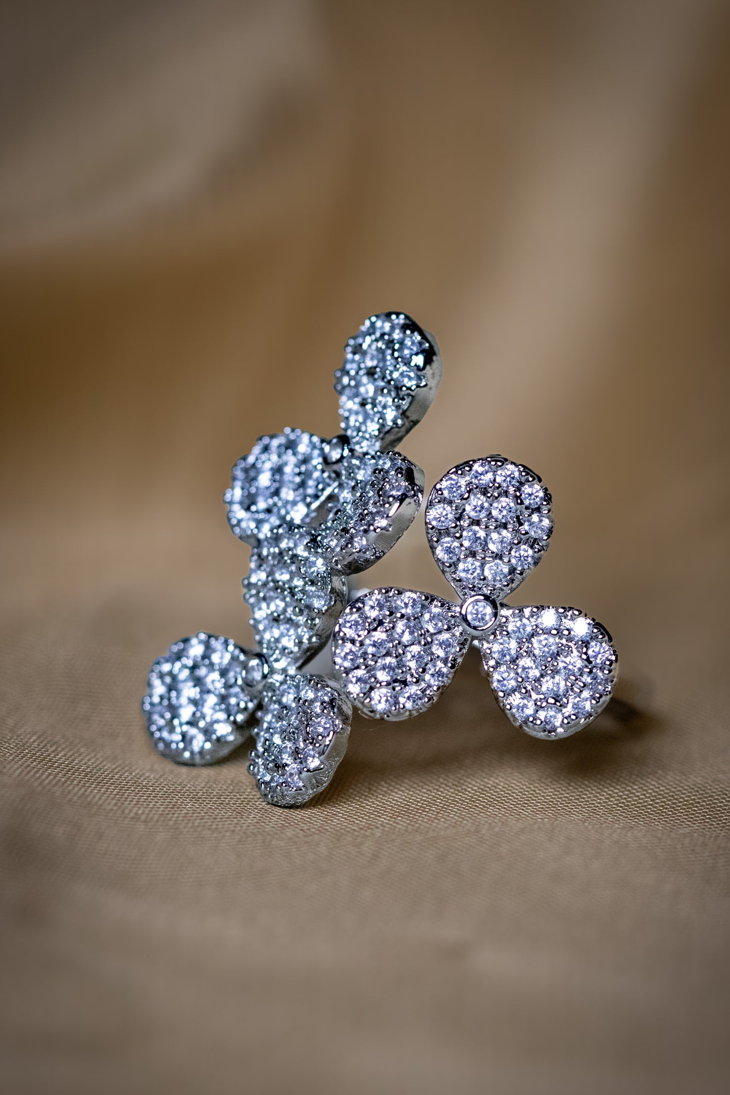 Floral Silver Crystal Ring | Elegant Bloom Statement Design