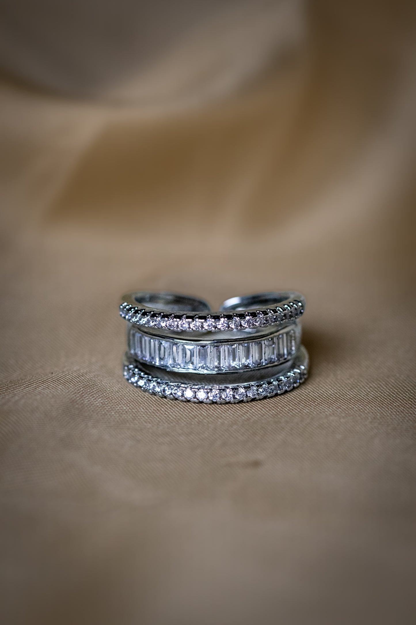 Silver Crystal Band Ring | Triple Layer Modern Design