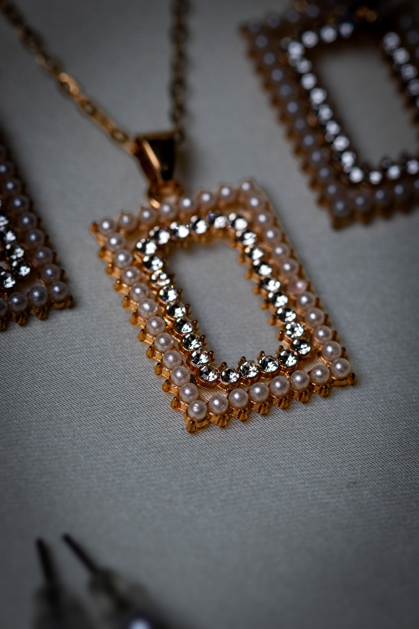 Rectangular Pearl & Crystal Necklace Set | Pendant & Earrings