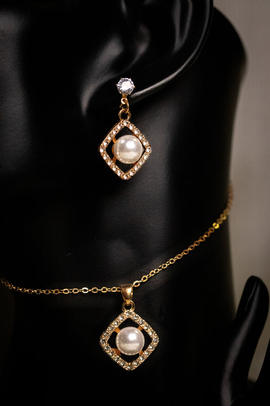 Elegant Gold-Plated Square Pearl & Crystal Jewelry Set | Necklace & Earrings