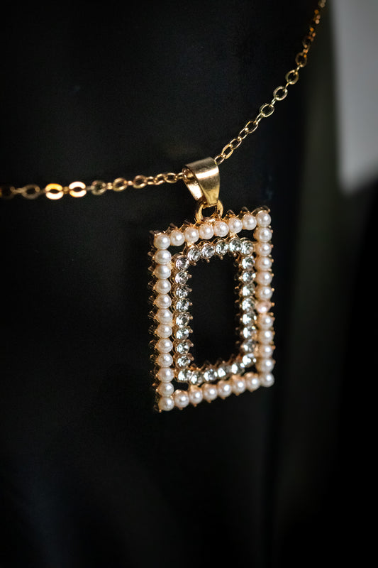 Rectangular Pearl & Crystal Necklace Set | Pendant & Earrings