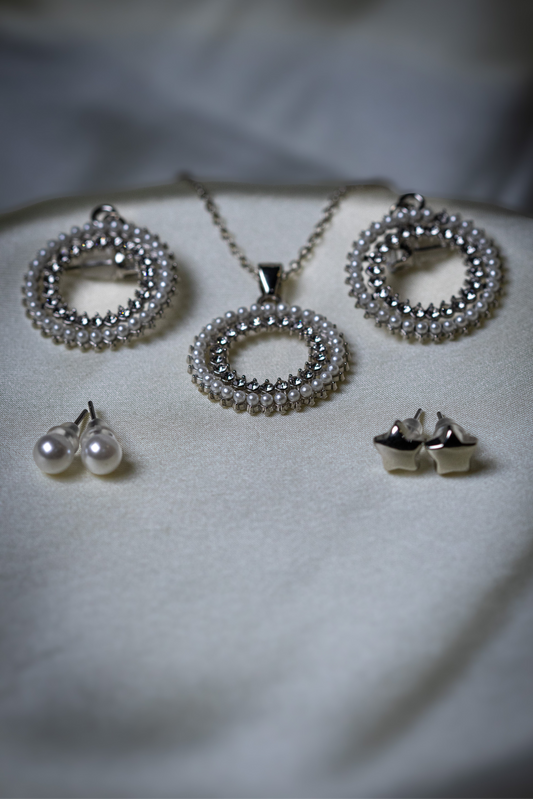 Radiant Pearl & Crystal Circle Necklace Set | Pendant & Earrings