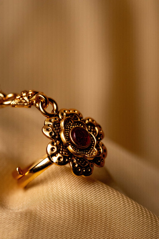 Antique Gold-Plated Haathphool Bracelet Ring Set | Traditional Jewelry