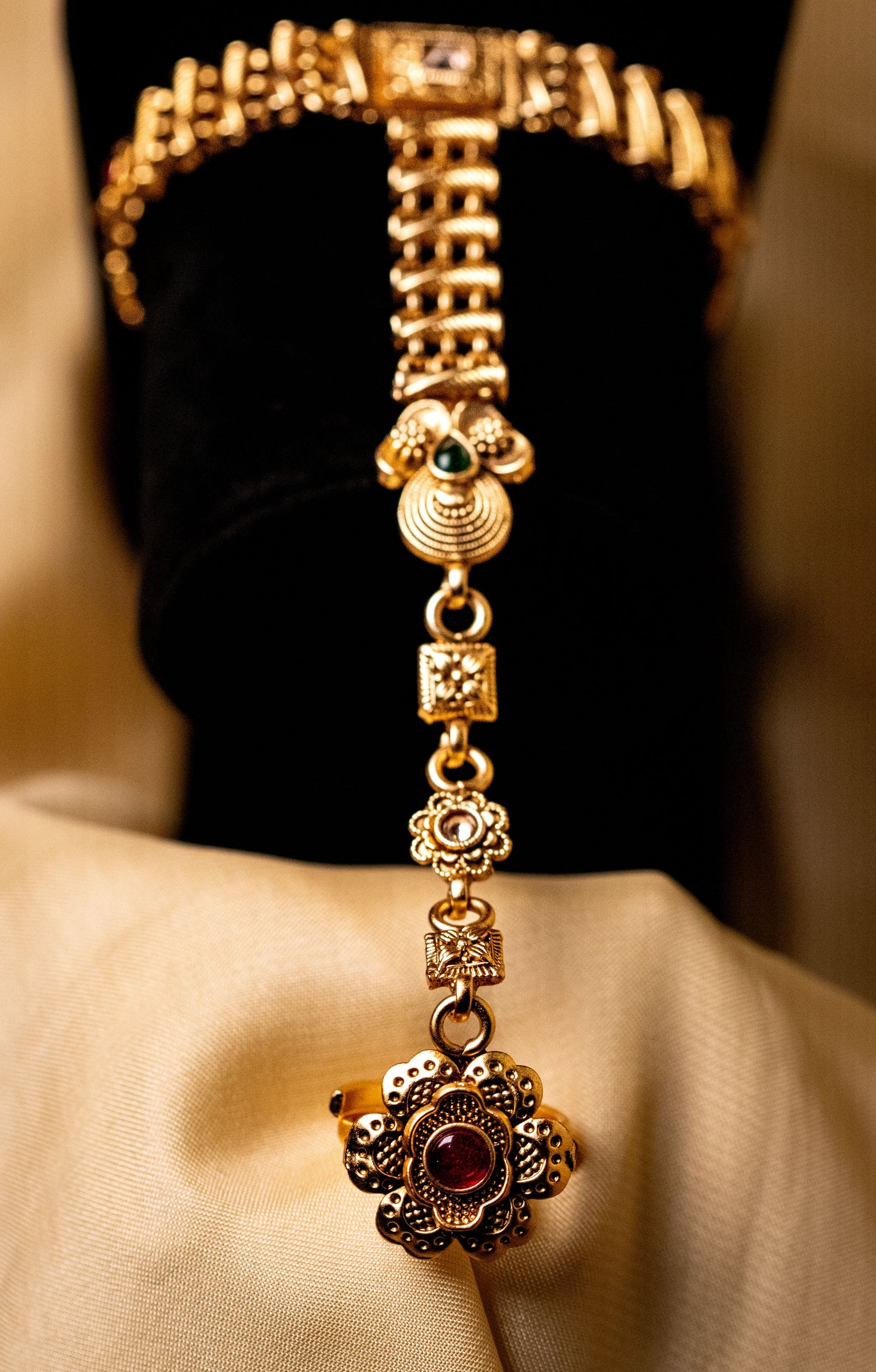 Antique Gold-Plated Haathphool Bracelet Ring Set | Traditional Jewelry