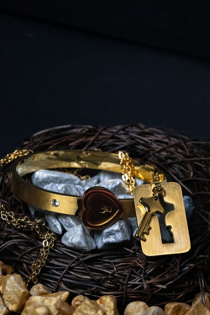 Heart Lock Bracelet & Key Locket Set | Romantic Gold Couple Jewelry