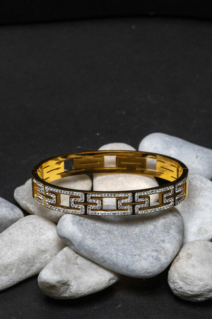 Greek Key Gold Crystal Bangle | Luxury-Inspired Women’s Bracelet