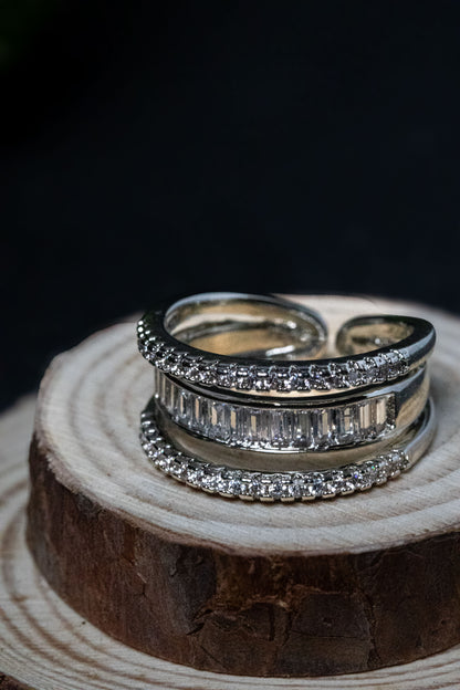 Silver Crystal Band Ring | Triple Layer Modern Design