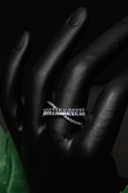 Silver Crystal Crossover Ring | Modern X Design