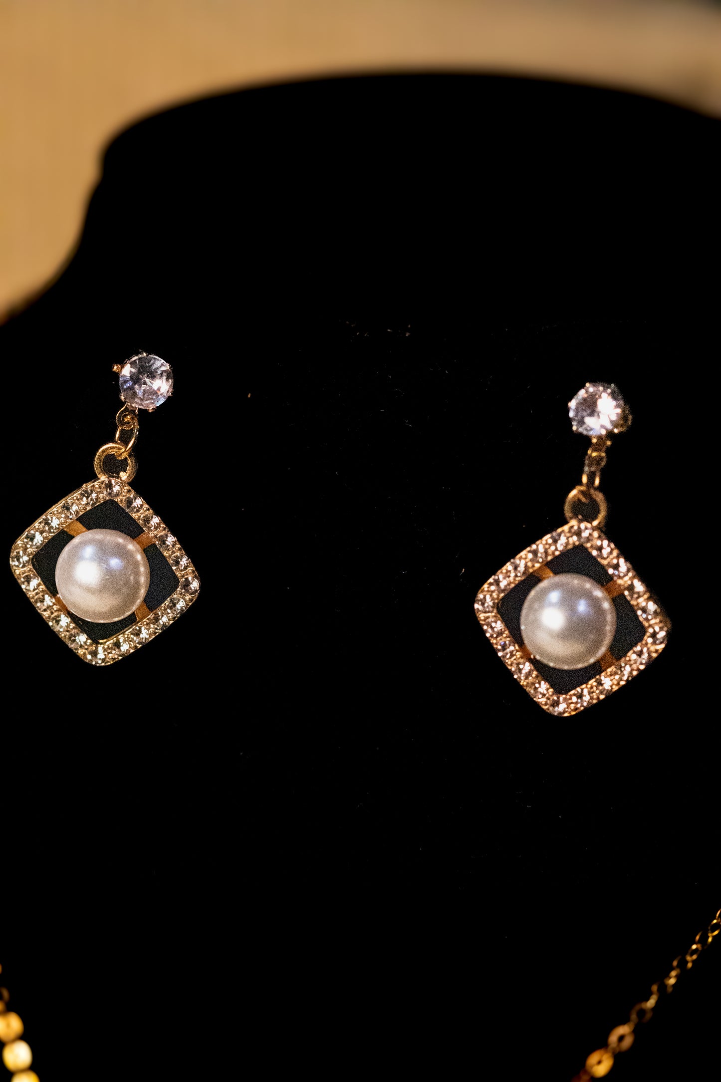 Elegant Gold-Plated Square Pearl & Crystal Jewelry Set | Necklace & Earrings