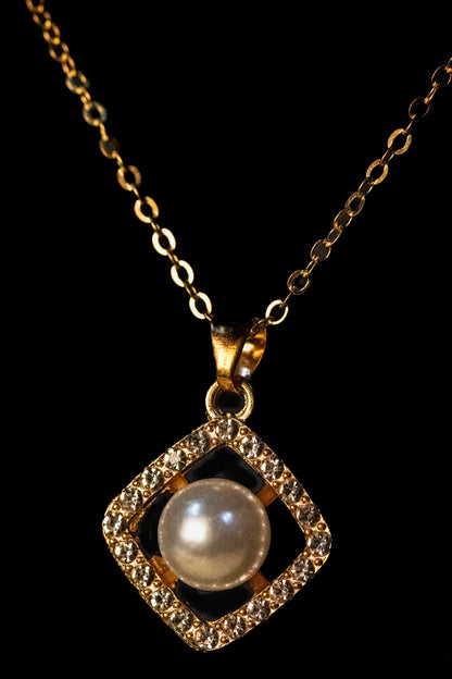 Elegant Gold-Plated Square Pearl & Crystal Jewelry Set | Necklace & Earrings