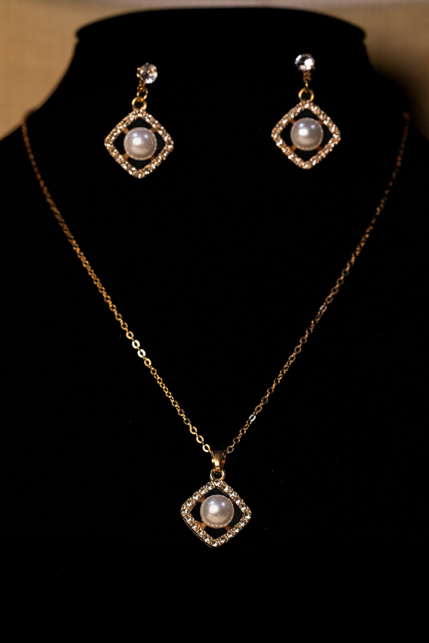 Elegant Gold-Plated Square Pearl & Crystal Jewelry Set | Necklace & Earrings