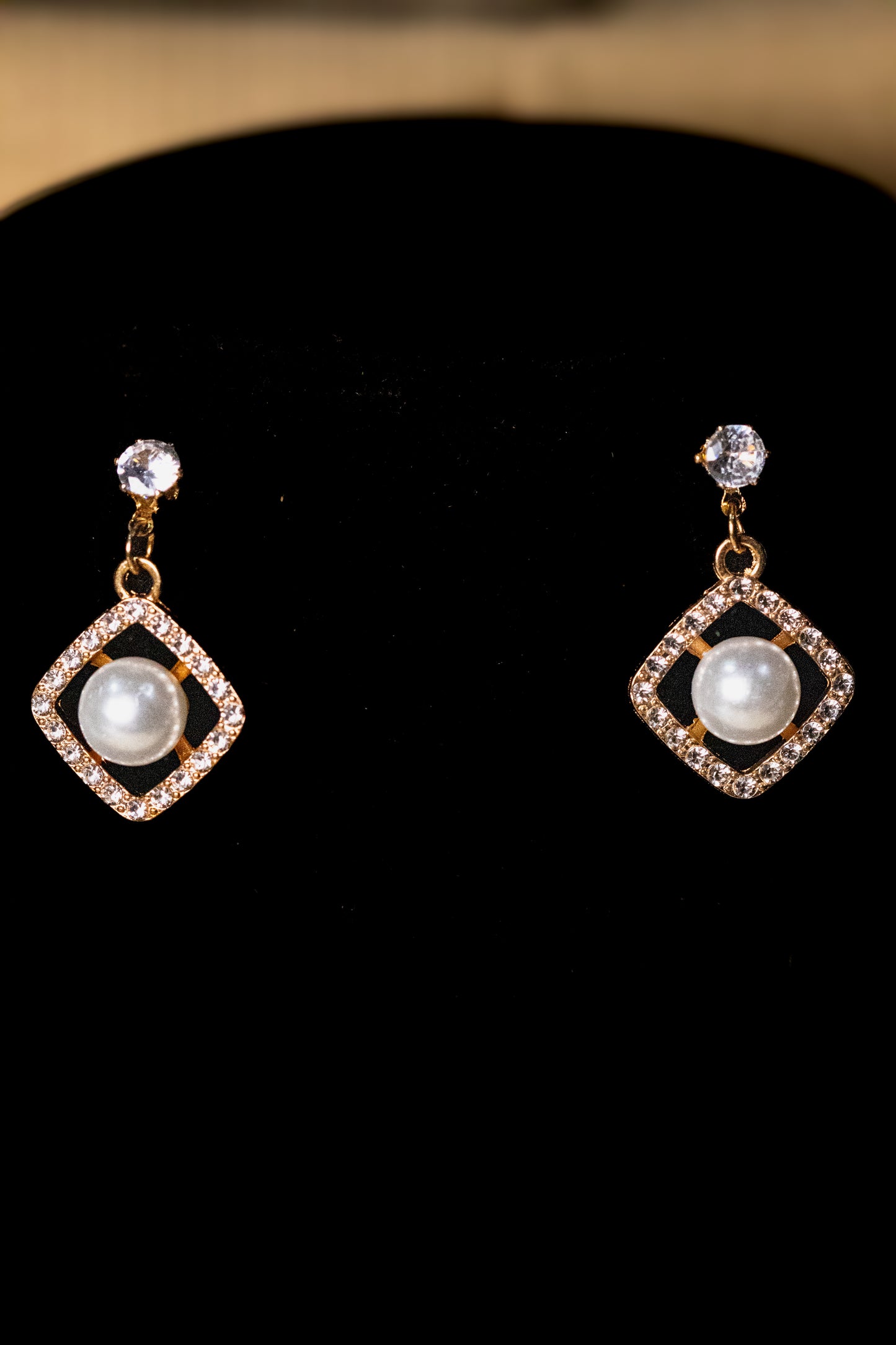 Elegant Gold-Plated Square Pearl & Crystal Jewelry Set | Necklace & Earrings