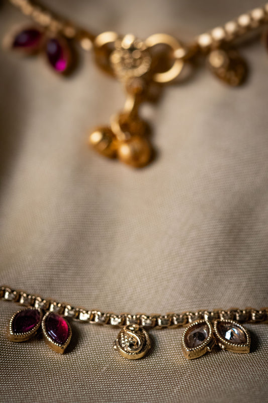 Golden Stone Payal | Traditional Charm Anklet with Red & White Accents