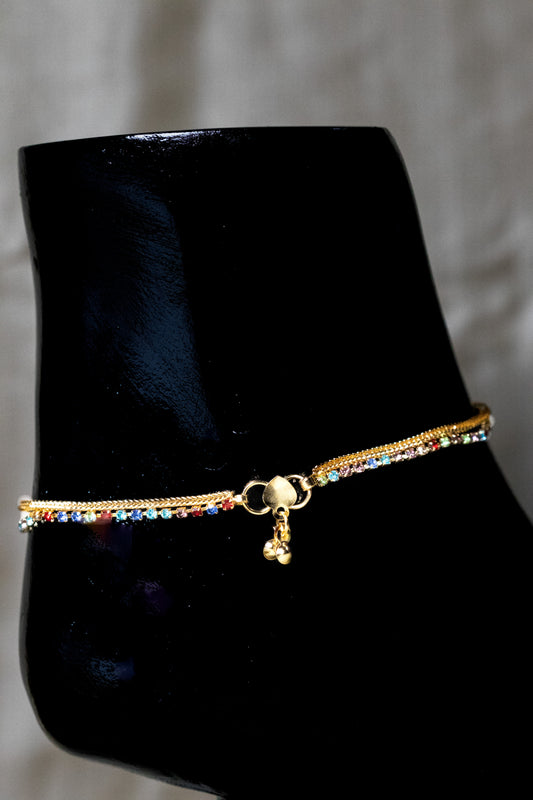 Golden Multicolor Stone Payal | Dual Chain with Dangling Charm