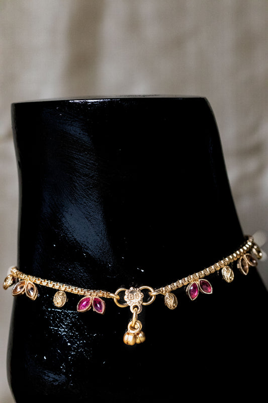 Golden Stone Payal | Traditional Charm Anklet with Red & White Accents