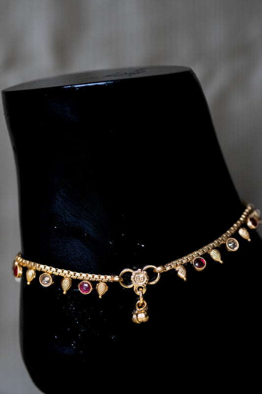 Golden Charm Payal | Traditional Red & White Stone Design with Ghungroo
