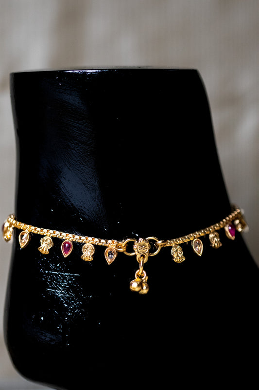 Elegant Golden Payal | Gemstone Charm Anklet with Ghungroo Drops