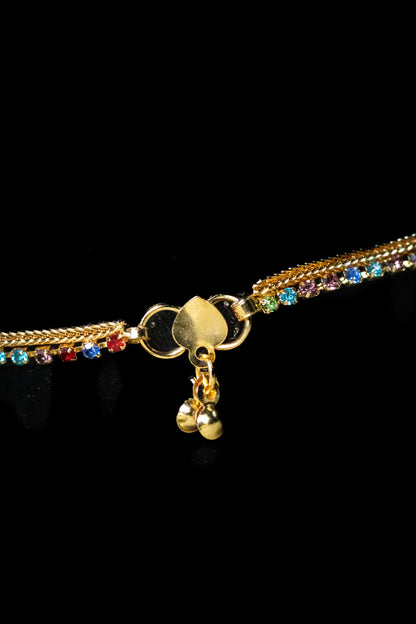 Golden Multicolor Stone Payal | Dual Chain with Dangling Charm