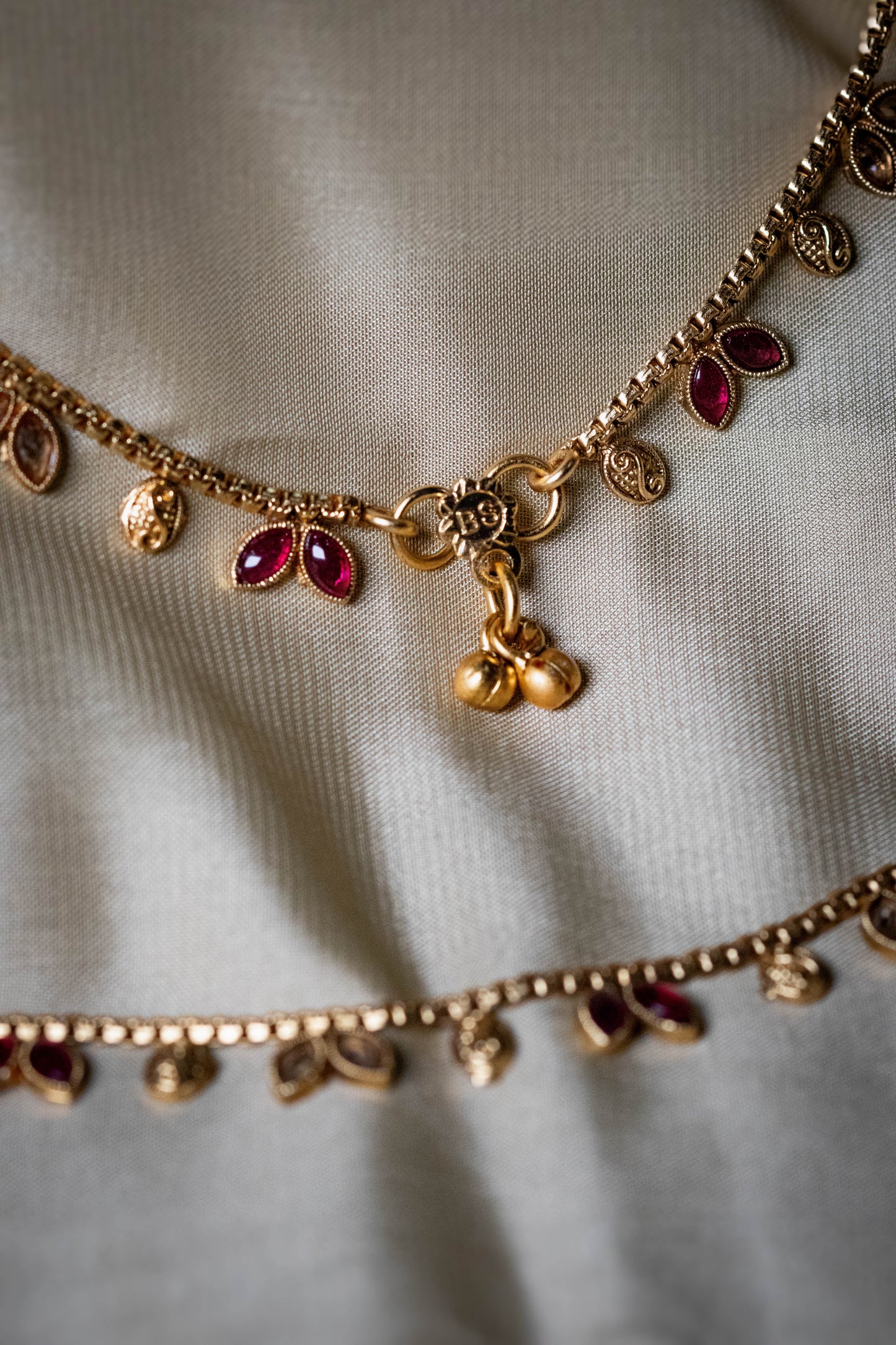 Golden Stone Payal | Traditional Charm Anklet with Red & White Accents