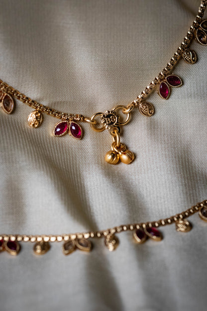 Golden Stone Payal | Traditional Charm Anklet with Red & White Accents