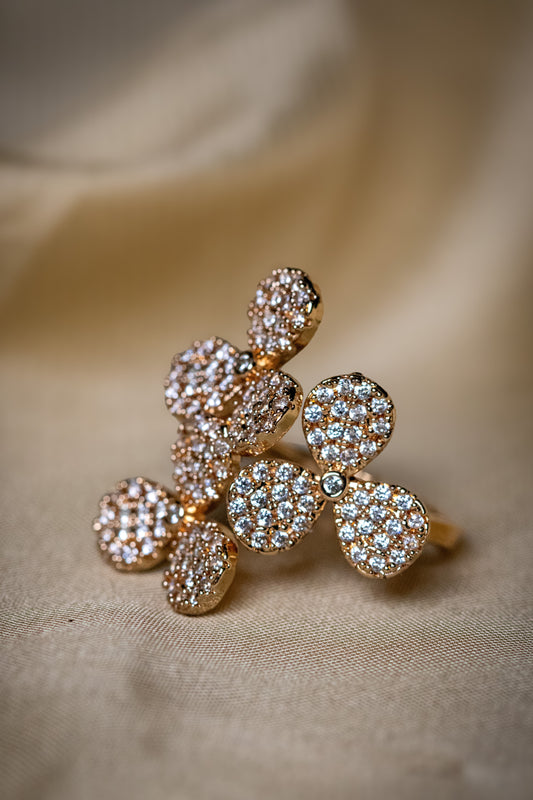 Floral Gold Crystal Ring | Elegant Bloom Statement Design