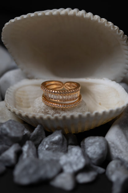 Gold Crystal Band Ring | Triple Layer Modern Design