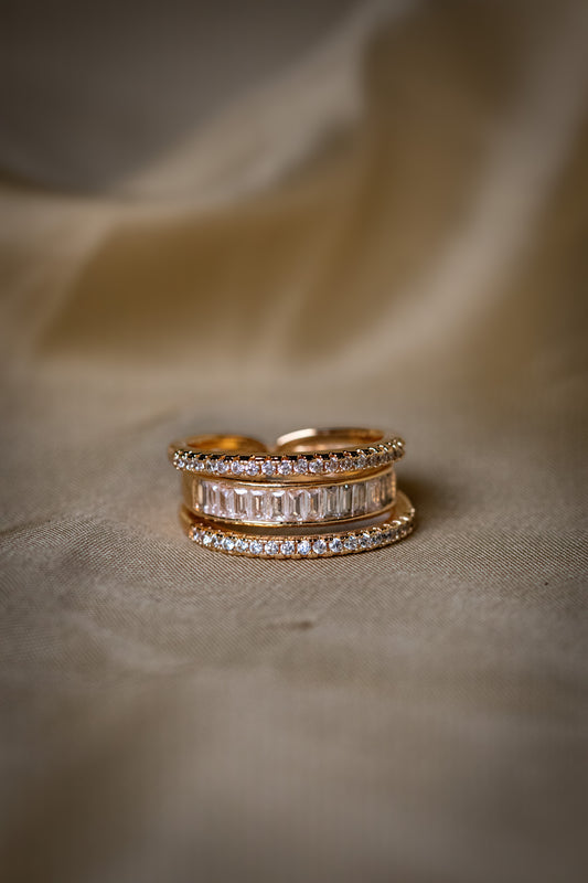 Gold Crystal Band Ring | Triple Layer Modern Design