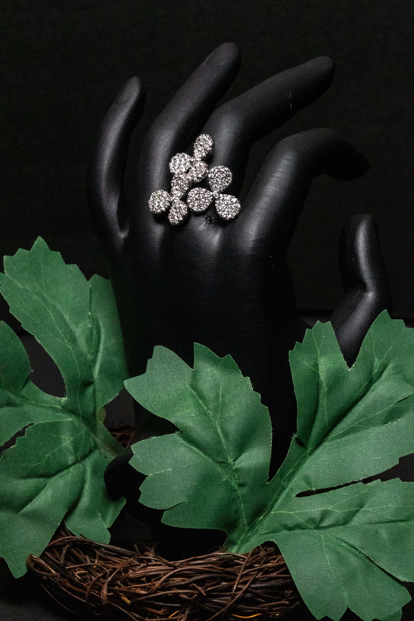 Floral Silver Crystal Ring | Elegant Bloom Statement Design