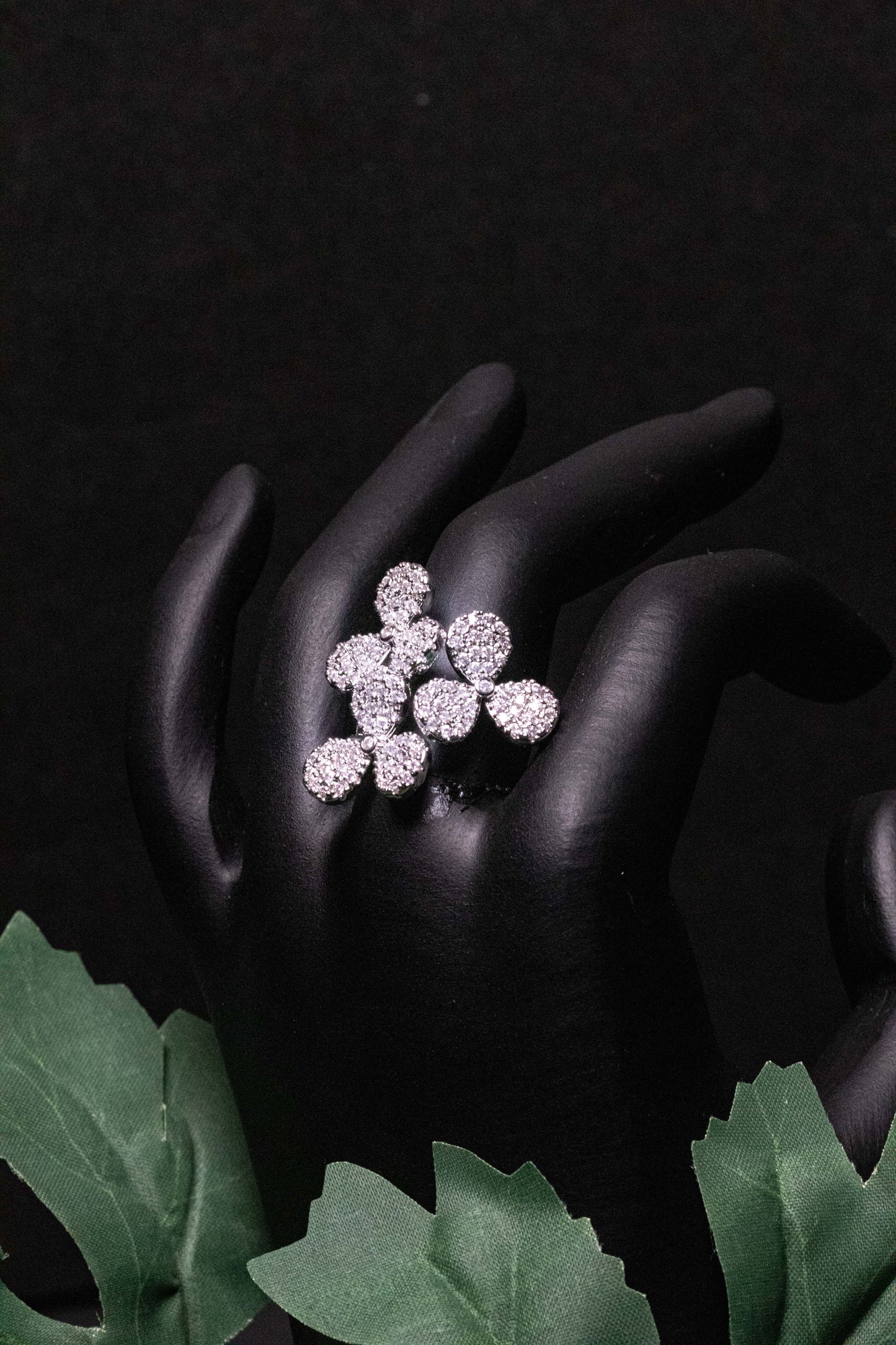 Floral Silver Crystal Ring | Elegant Bloom Statement Design