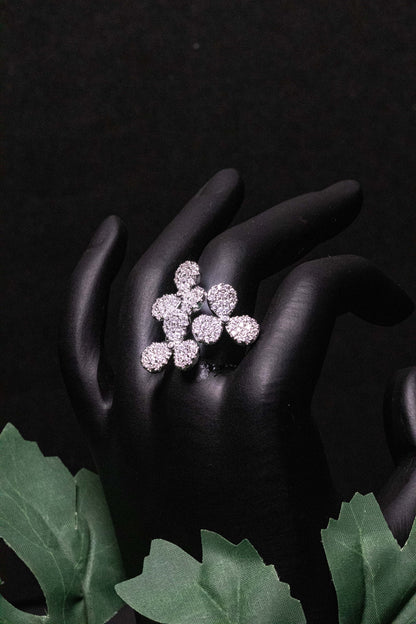 Floral Silver Crystal Ring | Elegant Bloom Statement Design