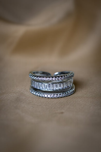 Silver Crystal Band Ring | Triple Layer Modern Design