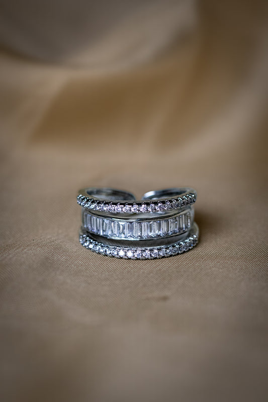 Silver Crystal Band Ring | Triple Layer Modern Design