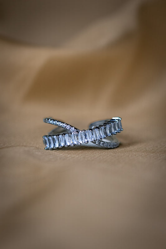 Silver Crystal Crossover Ring | Modern X Design