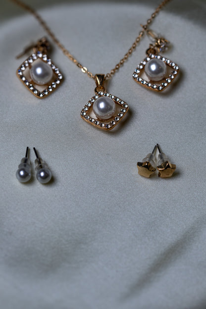 Elegant Gold-Plated Square Pearl & Crystal Jewelry Set | Necklace & Earrings