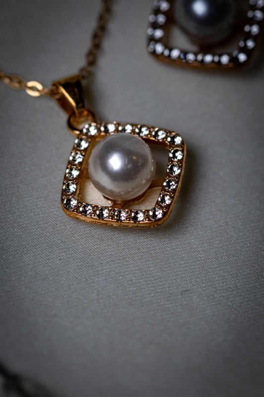Elegant Gold-Plated Square Pearl & Crystal Jewelry Set | Necklace & Earrings