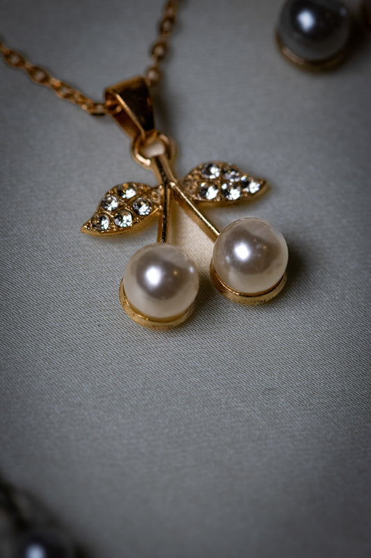 Golden Cherry Pearl Jewelry Set | Pendant Necklace & Earrings