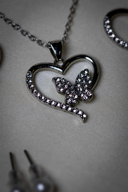 Radiant Heart & Butterfly Crystal Jewelry Set | Necklace & Earrings