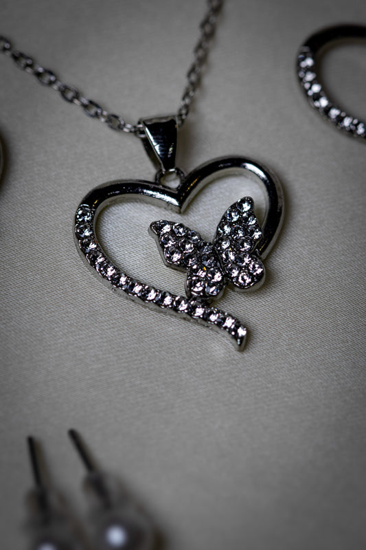 Radiant Heart & Butterfly Crystal Jewelry Set | Necklace & Earrings